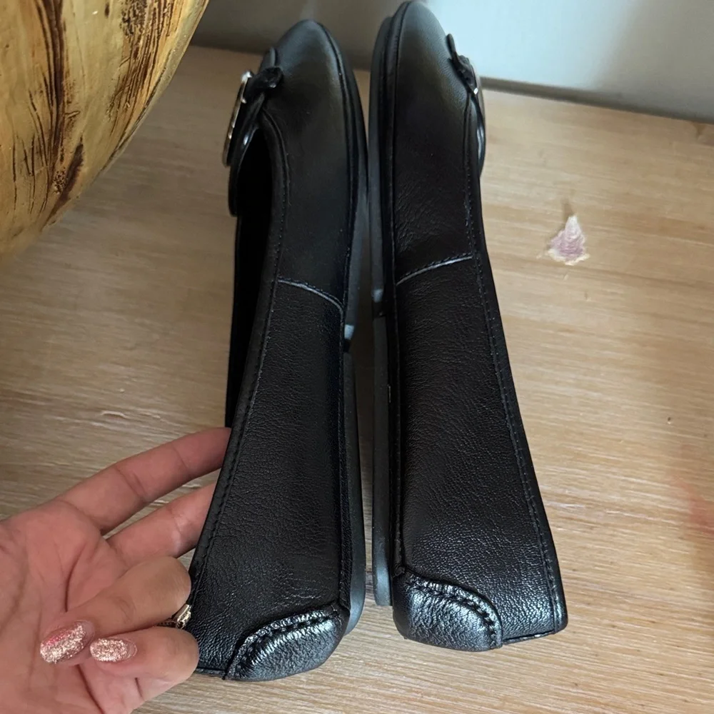Michael Kors Black Leather Ballet Flats Silver Logo Designer Slip-On Everyday